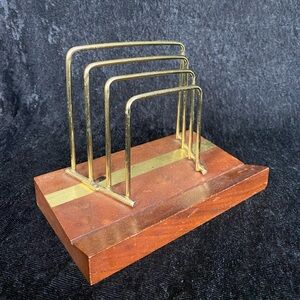 MCM Desk Caddy Letter Organizer Envelope File Wood & Gold Tone Metal Vintage